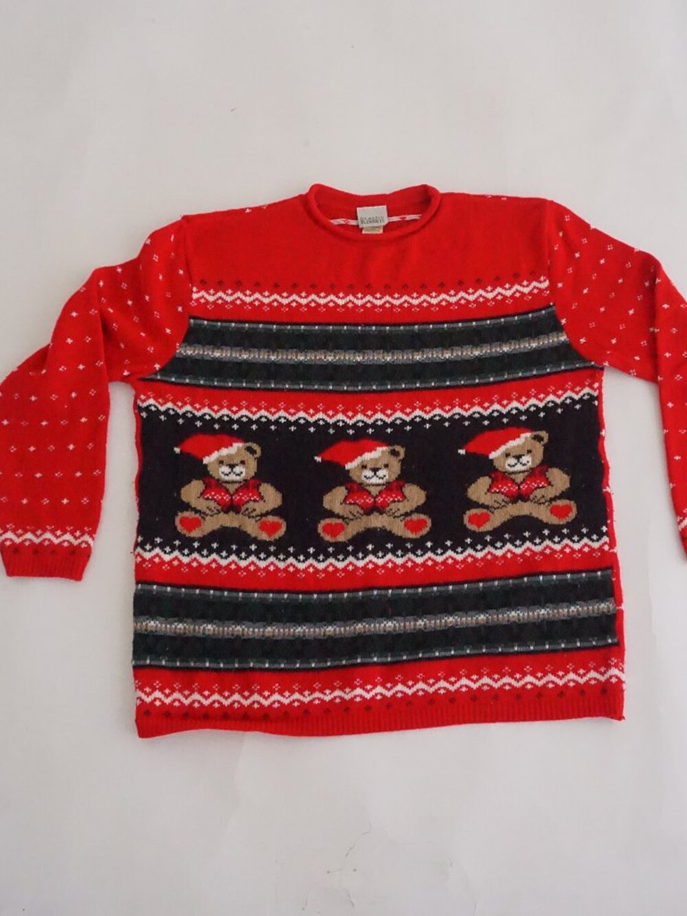 Vintage Classic Elements Red Teddy Bear Santa Hat Fair Isle Christmas Sweater L